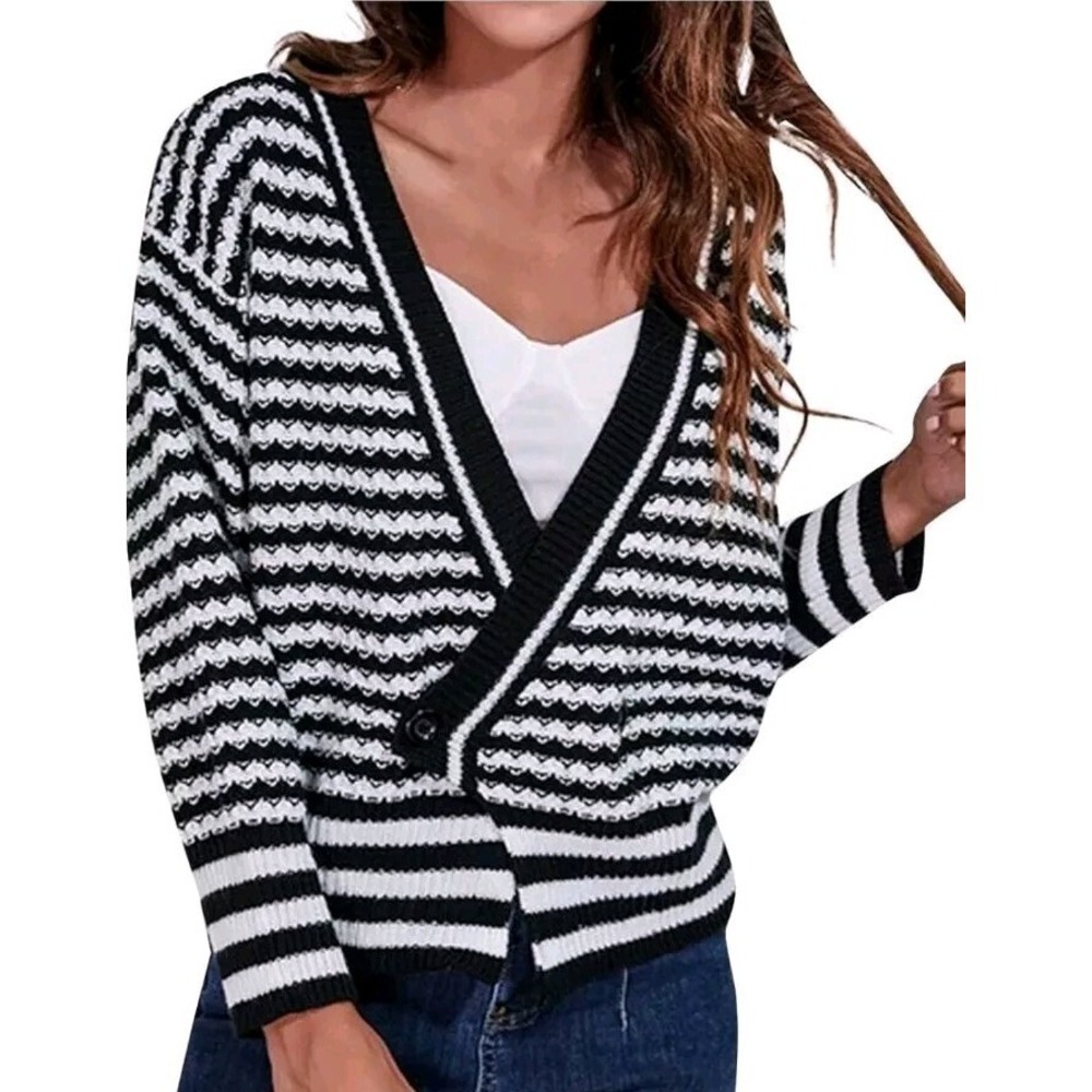 Women Striped Splice Knit Cardigan Sweater Jacket V-neck Long Sleeve Loose. Larg